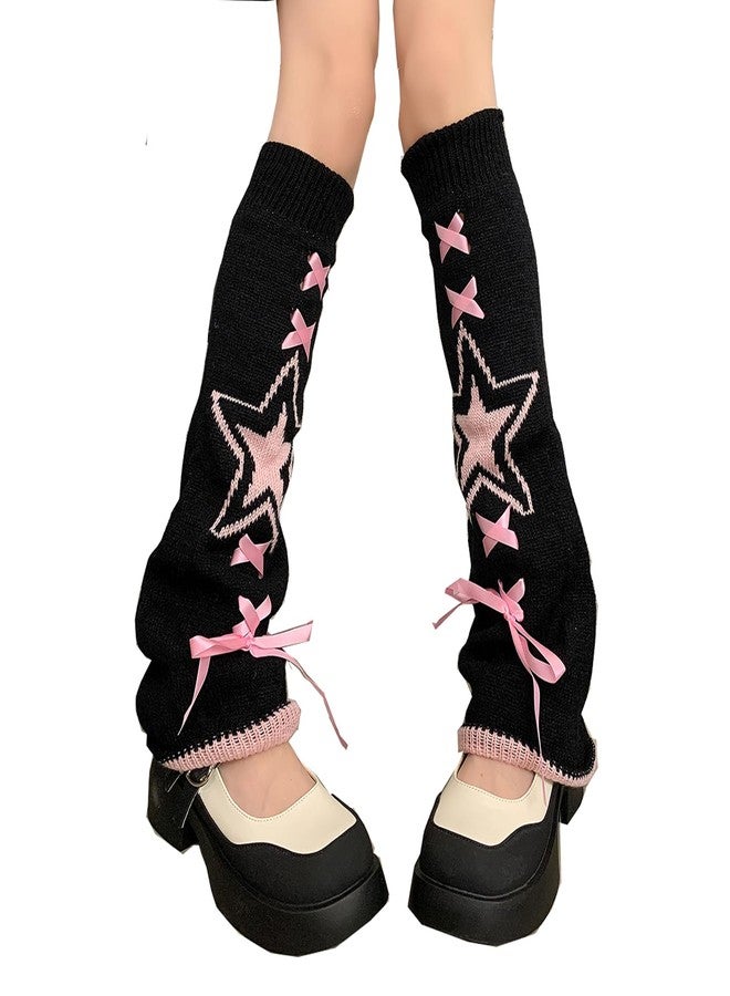 XEPST Harajuku Leg Warmers for Girls Women - Kawaii Lolita Knit Socks, Gothic Leg Cover for 80s Accessories - Pink Pentagram Pattern - Image 1